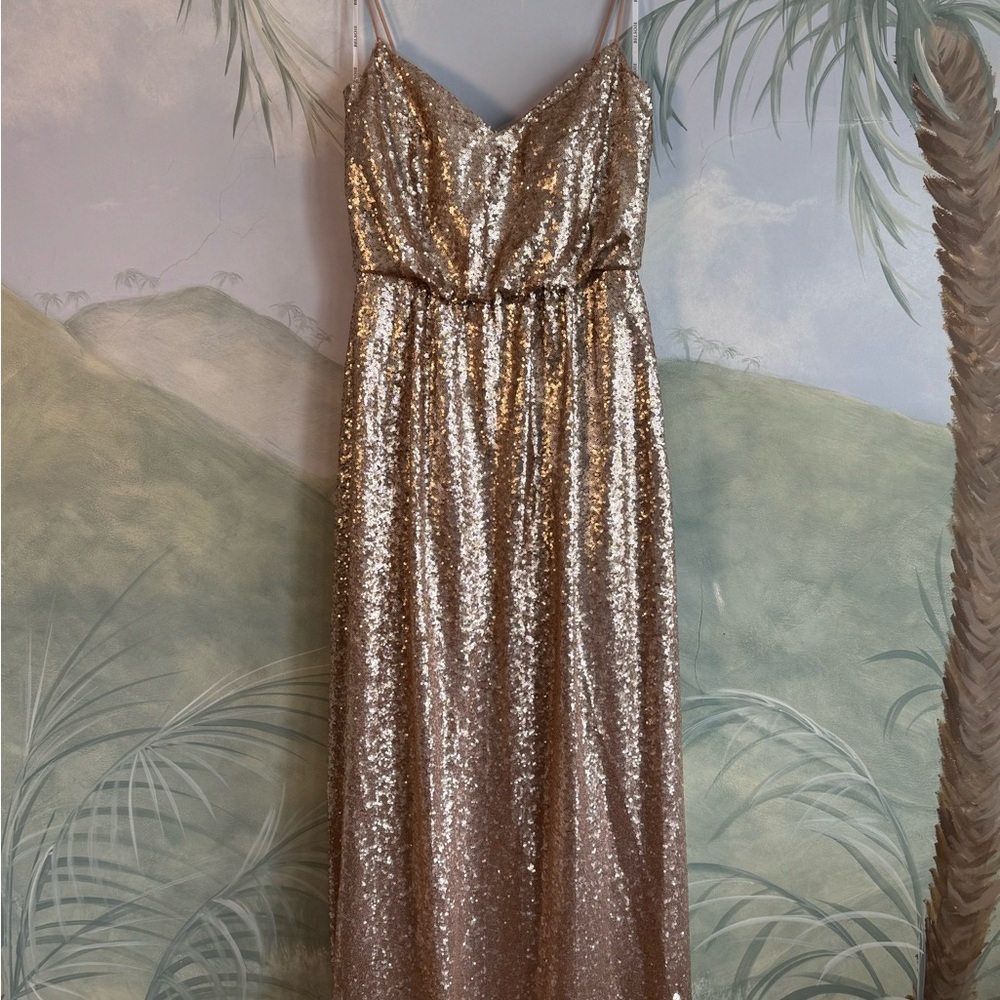 Belsoie Gold Sequin Spaghetti-Strap Evening Dress, size 14